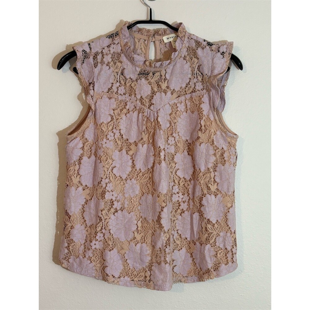 Monteau Blouse Womens Size L Floral Lace Mock Neck Sleeveless Ruffle Top